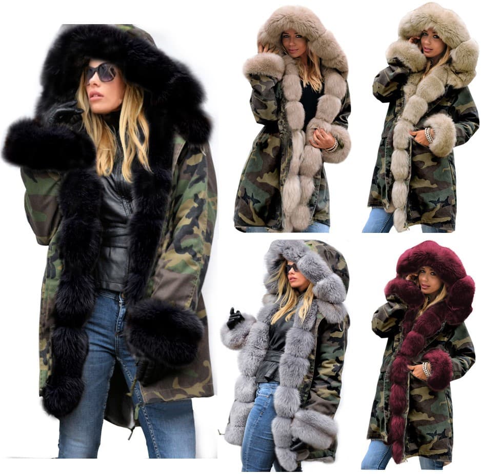 2022 Autumn and Winter New Slim-fit Warm Cotton-padded Coat Women's Camouflage Coat Long Fur Collar Hooded Coat