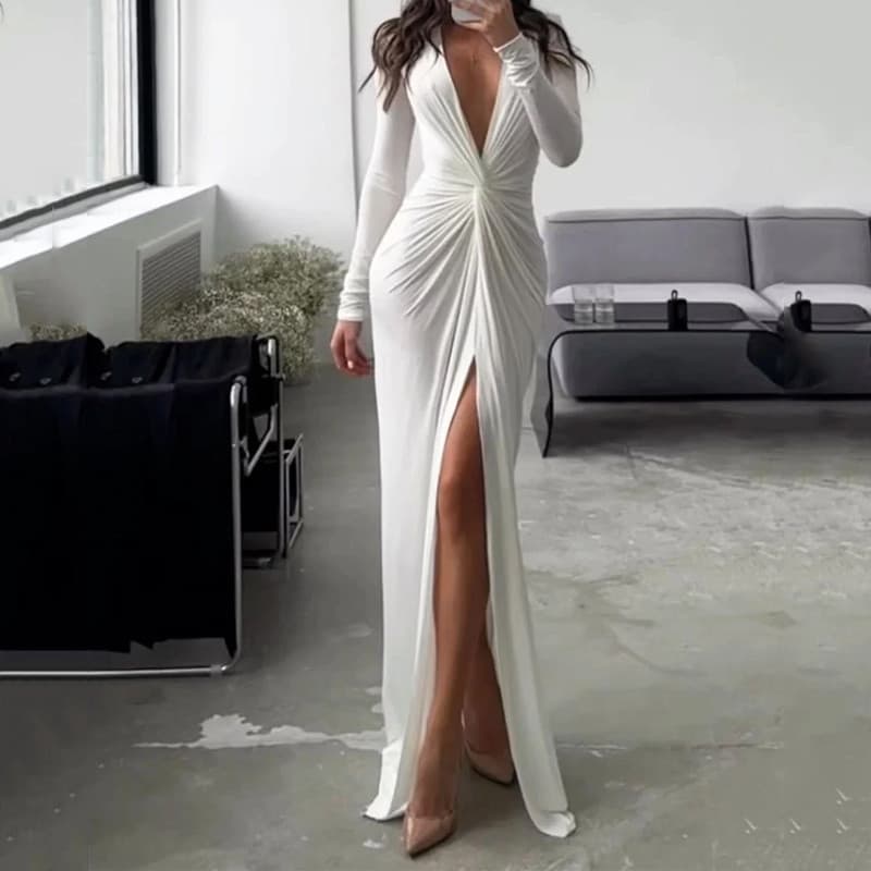 Women's Clothing Solid color dress fashion sexy V-neck long sleeve solid slim pleated skirt gown