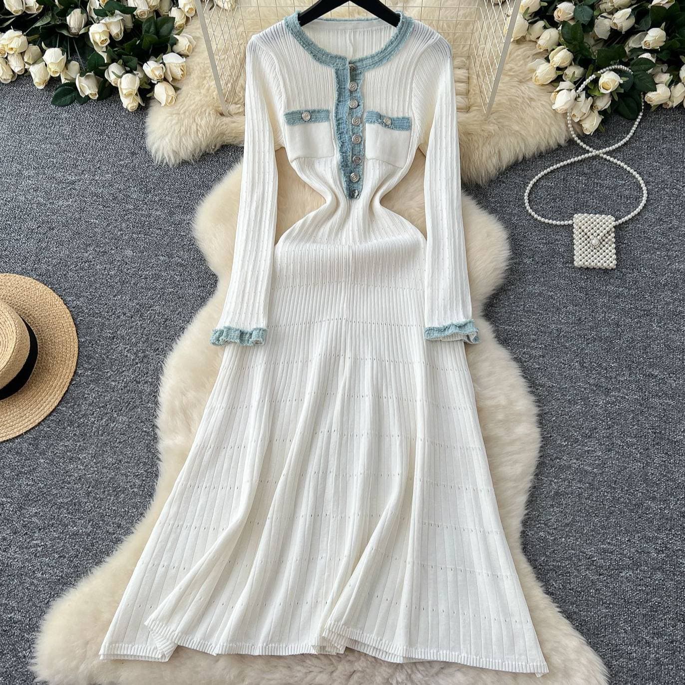 Women's High-End Patchwork Knitted Dress Long Sweater French Style Button Decorated Denim Dress For Autumn Winter