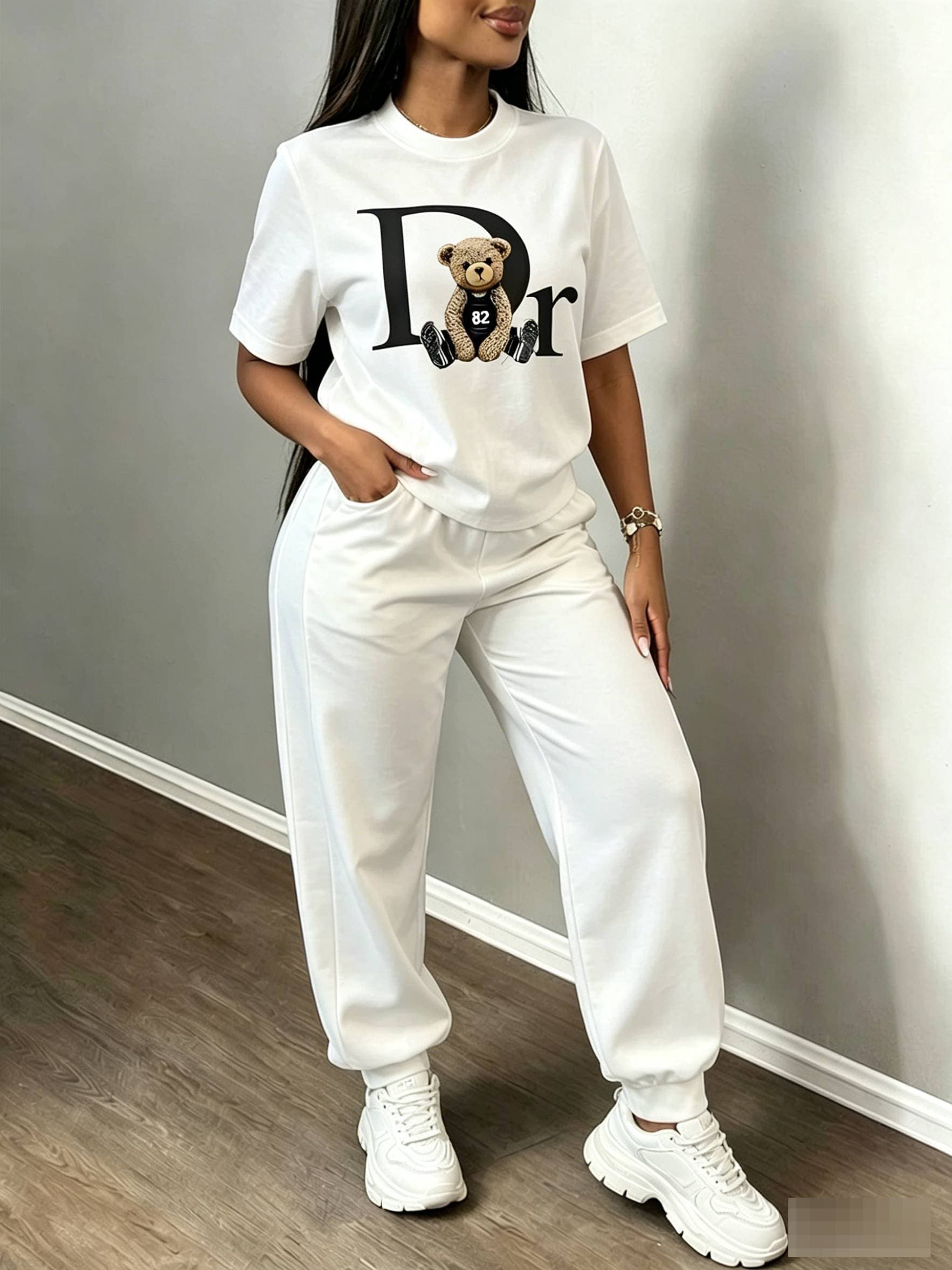 Women's Summer 2026 DRFashion T-Shirt Trendy Loose Fit Casual Short Sleeve Printed Bear Top Black White