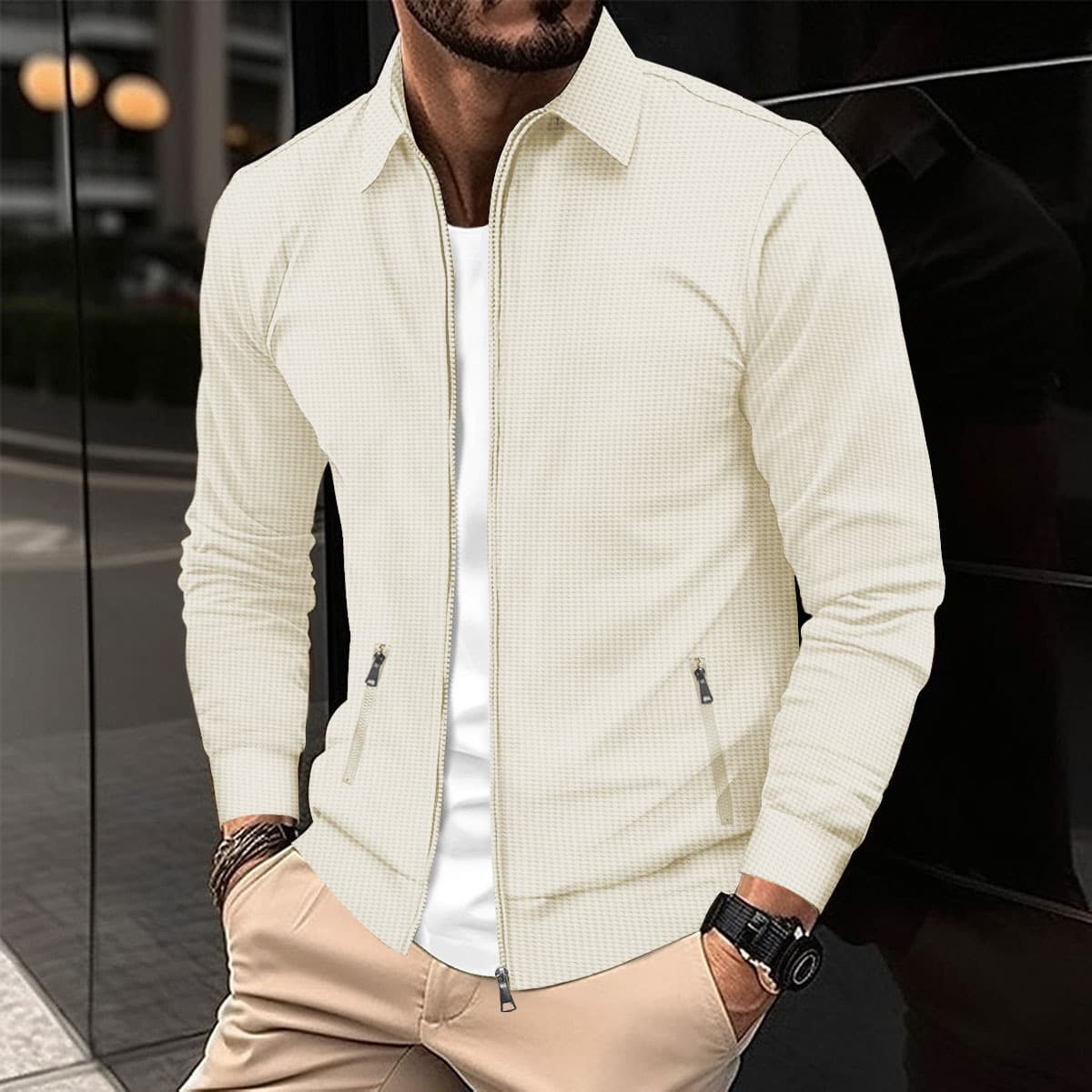 Men's Slim Fit Jacket Solid Color Waffle Zipper Collar Pocket Detail