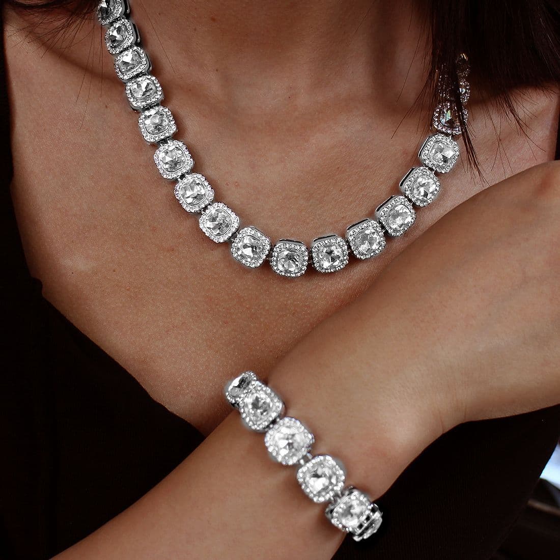 Hip Hop Full Diamond Necklace Jewelry 13mm Square Rock Sugar Splicing Cuban Necklace Bracelet Jewelry