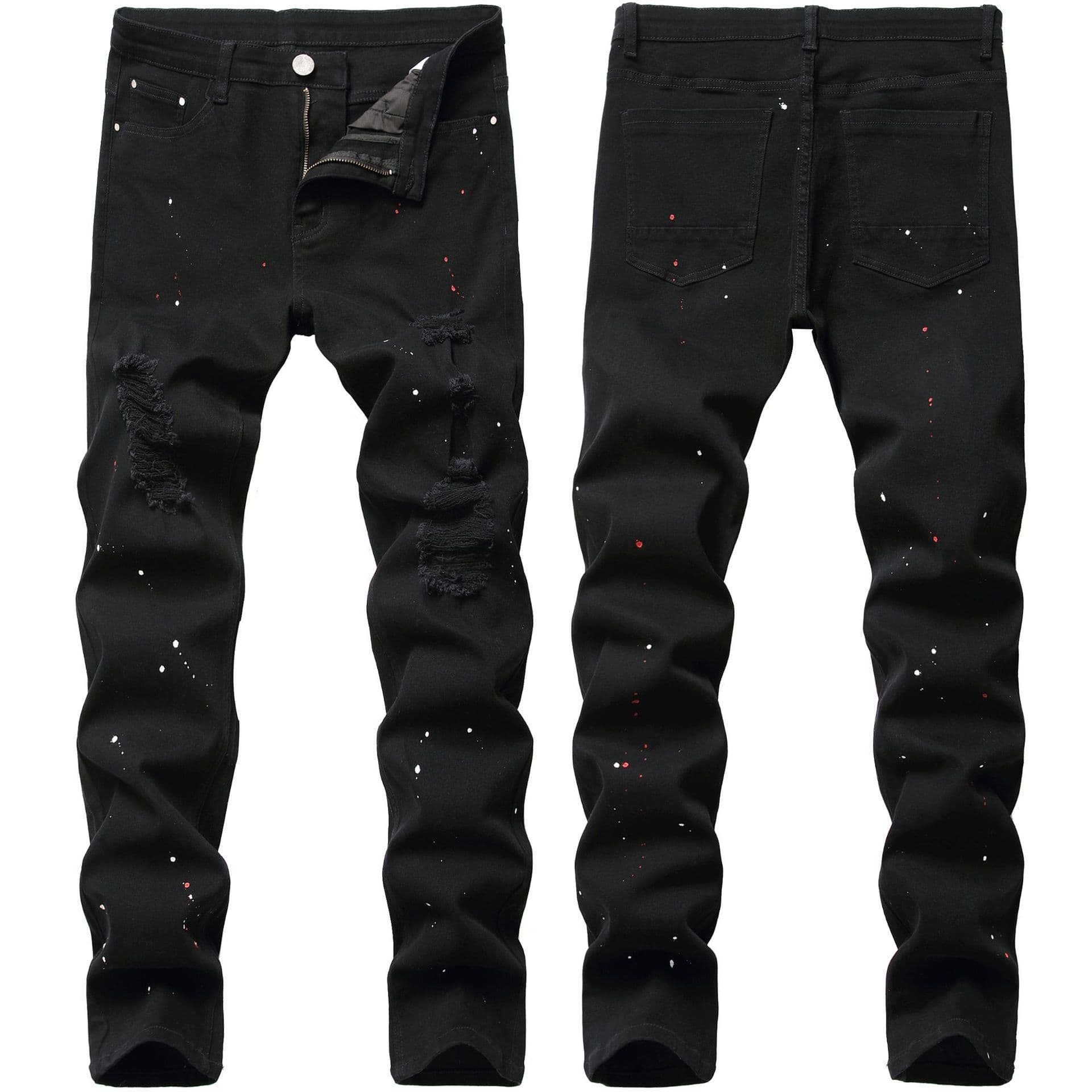 Men's Slim Fit Stretch Jeans – Black Distressed Denim Pants With Button Fly & Mid-Rise Waist (36-38, Cotton Blend, Streetwear Style)​