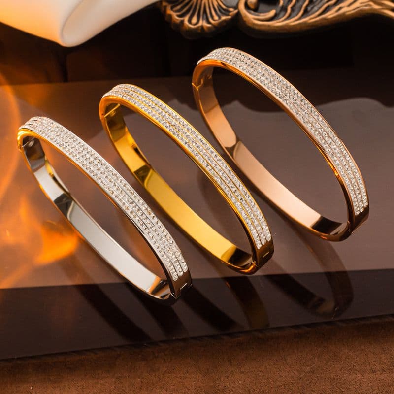 Designer's Titanium Steel Plated Rose Gold Three Row Dia For Micro Set Zircon Temperament Women's Handband Bracelet
