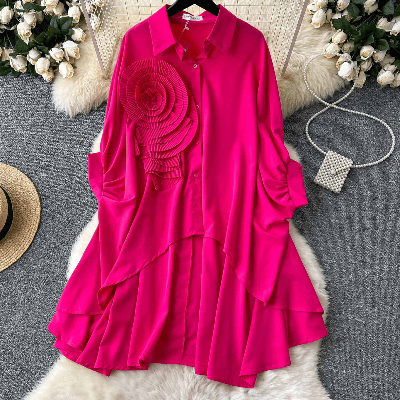 Women's Clothing 1 Sense Polo Collar Shirt Women Autumn Three Dimensional Flower Loose Irregular Pleated Tail Design Top