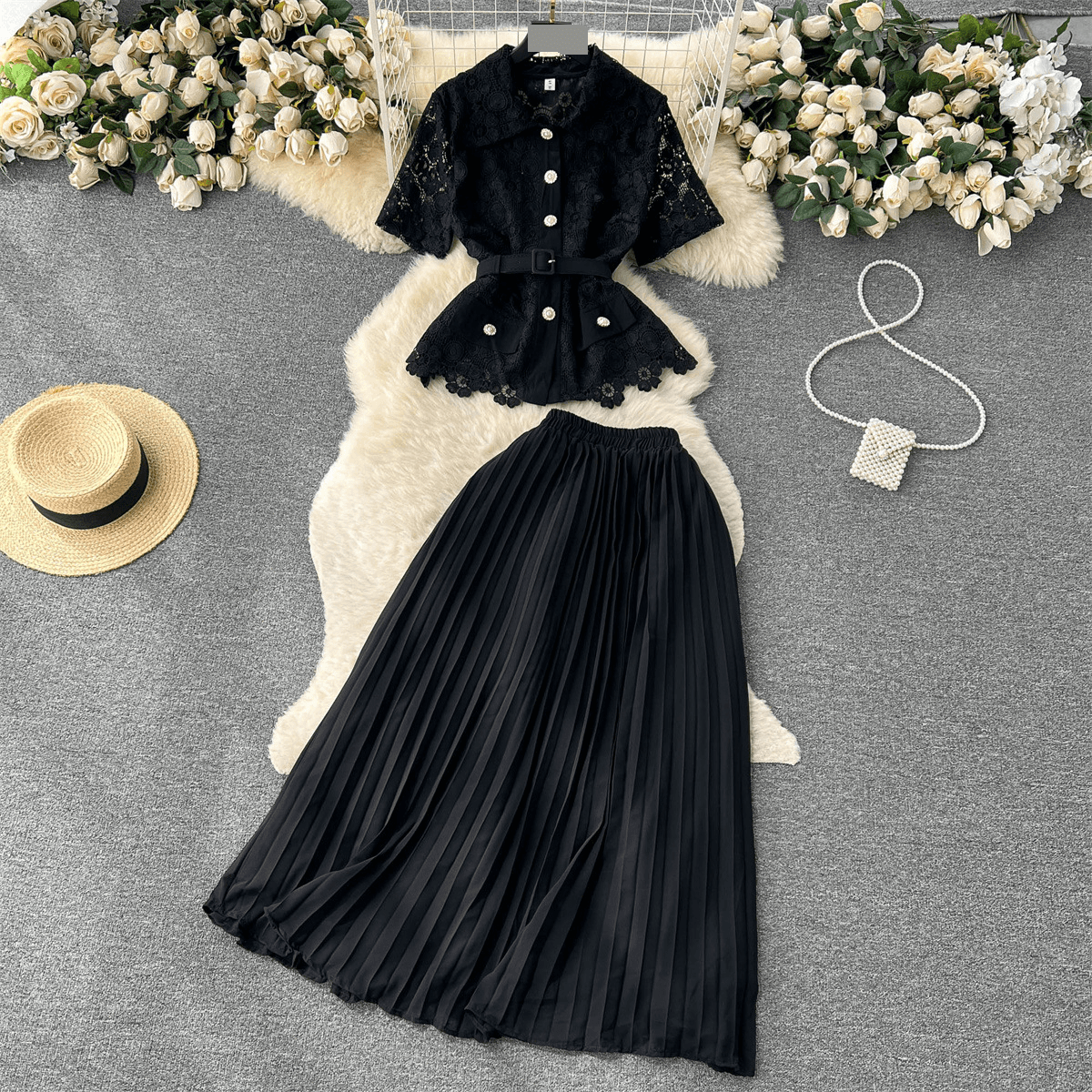 Women's Clothing Fashionable Lapel Short Sleeved Waist Top High Waisted Pleated Skirt Two Piece Set