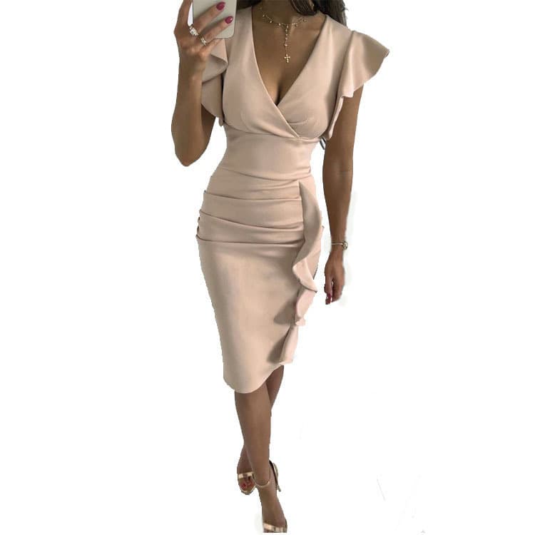 Women's Clothing New Multi Color Printed Skirt V Neck Ruffle Slim Sexy High Waist Dress