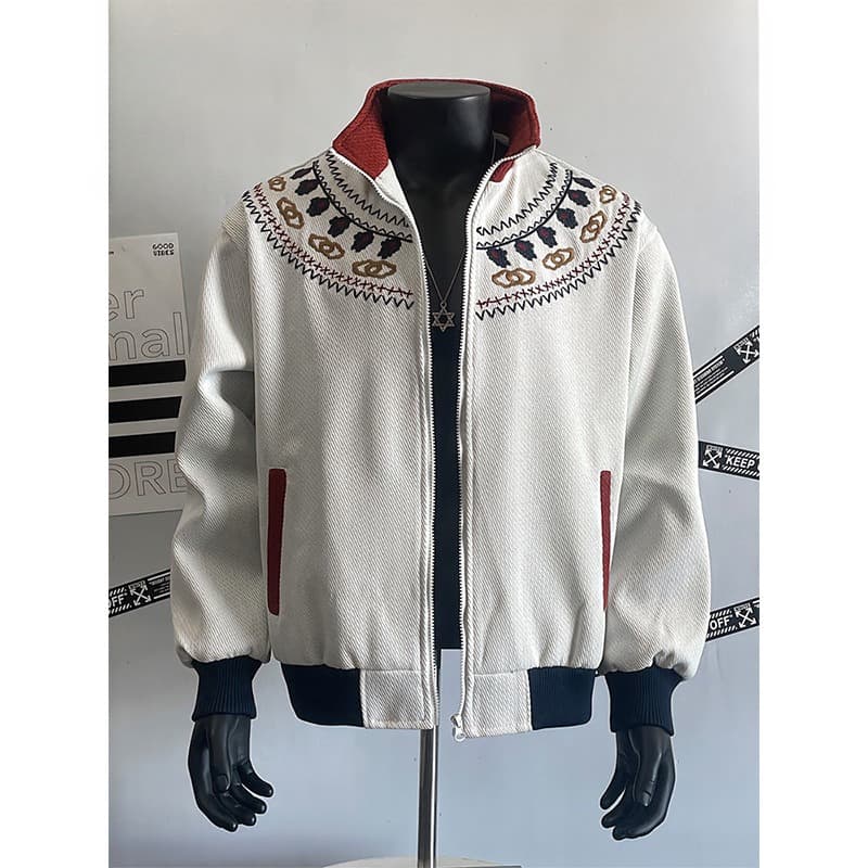 Men’s Fair Isle Knit Zip-Up Jacket – Ethnic Embroidery Stand Collar Coat, Contrast Color Block Design (M-XXL, Beige/Grey)​