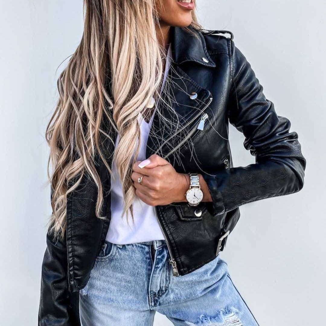Women's Jacket Top PU Leather Jacket Motorcycle Short Zipper