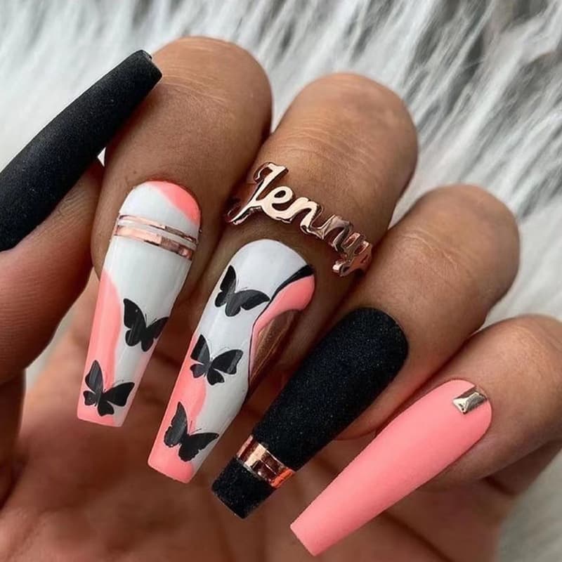 False Nails Long Ballet Frosted Black Butterfly Nail Art Sweet Cool Textured Nail Finished Wearable Nail