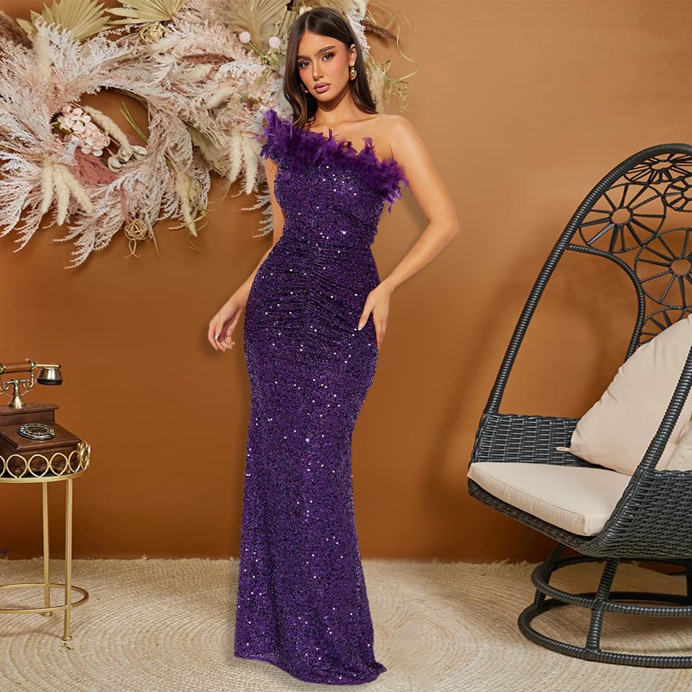 Women’s Clothing New Black Sequin Feather Stitching Beads Sexy Dress Long Skirt Female