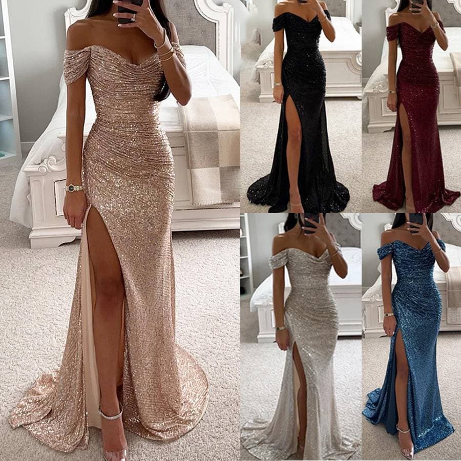 Women's Clothing Export Original Single Collar Sequin Slit Evening Dress Sexy Dress