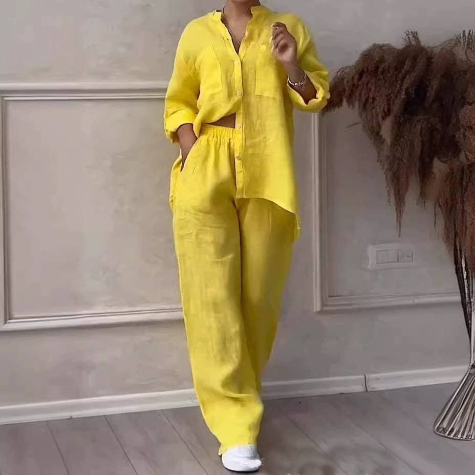 Women's Clothing Casual Cotton And Linen Solid Color Shirt Drawstring Wide Leg Pants Suit