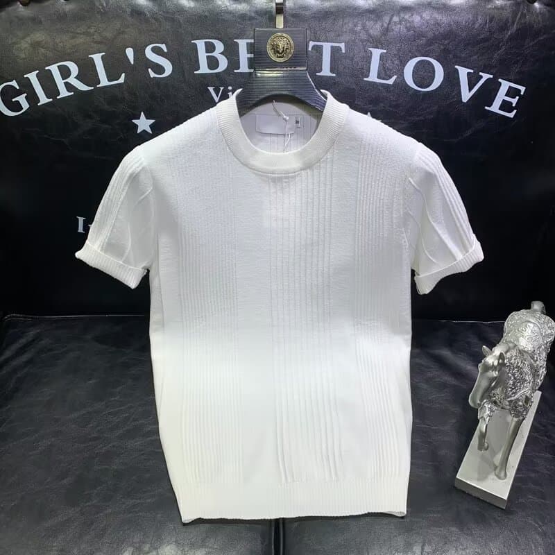 T-shirt à manches courtes en soie glacée pour homme, vêtement tendance, fin et slim, col rond, en tricot, idéal pour l'été