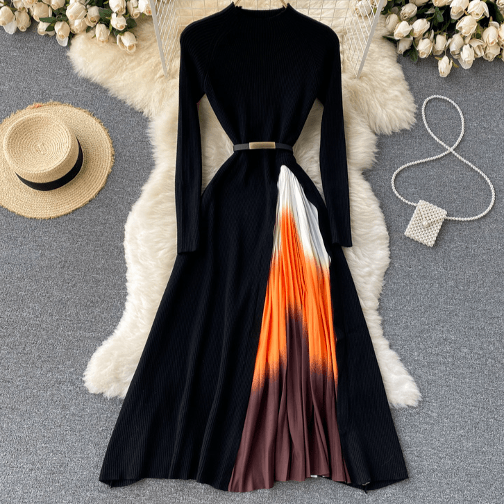 Women's Clothing elegant knitted stitching gradient color pleated slim waist wide swing dress
