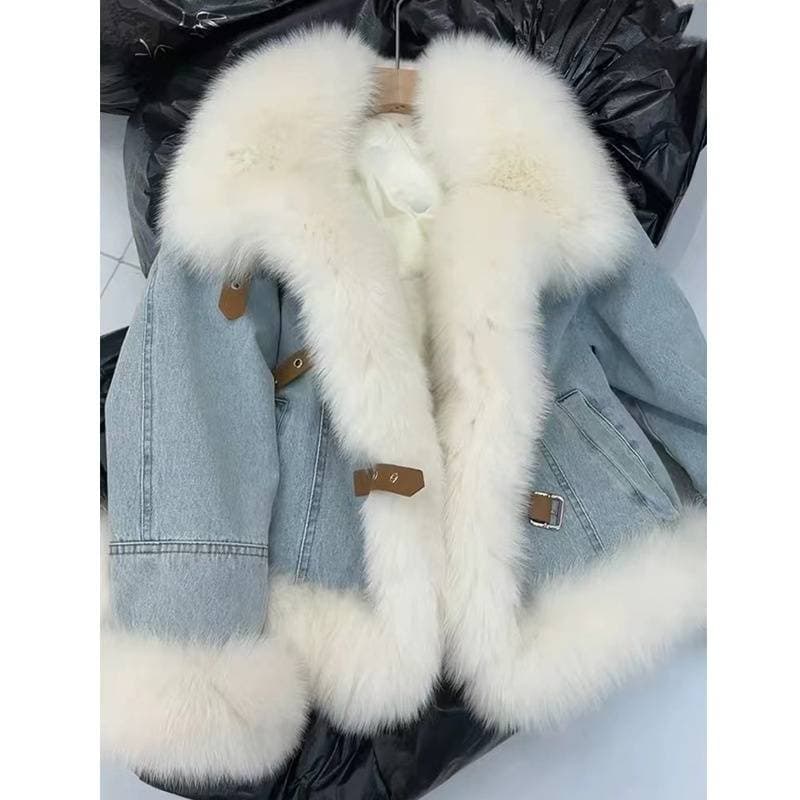 Women's Clothing Design Fur Collar Blue Denim Jacket For Women Velvet Thickened Down Cotton Warm Fur Plush Coat