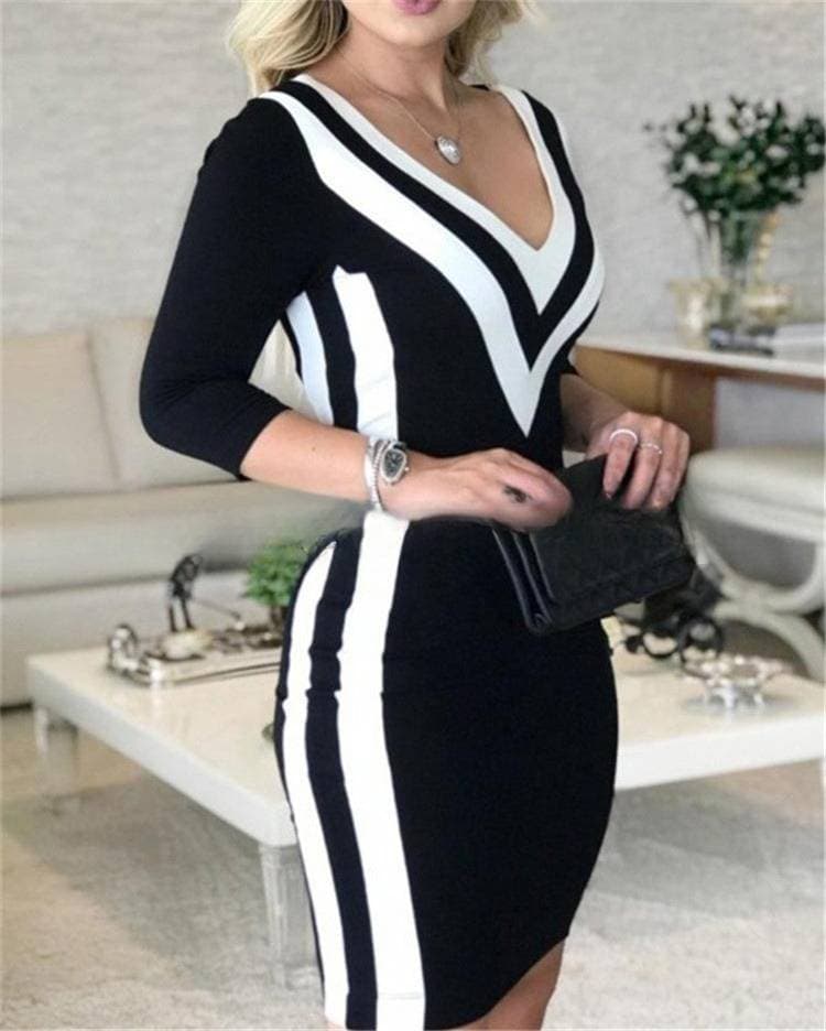 Women’s Clothing black and white stitching gold deep V sexy hip dress leopard print skirt
