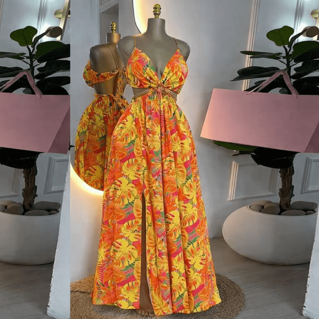 Women's Floral Print Long Dress Backless Side Slit Sling Style French Style Evening Gown Maxi Dress For Prom
