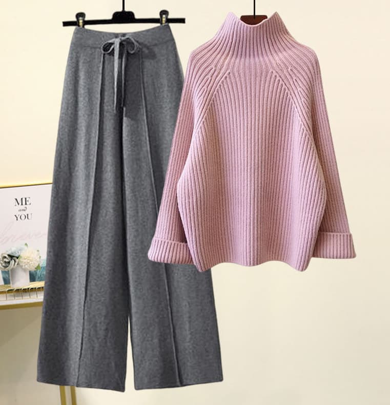 Ensemble coréen oversize en maille – Pull à grosses torsades et pantalon fluide à jambes larges, tenue d'hiver décontractée à col montant (Be