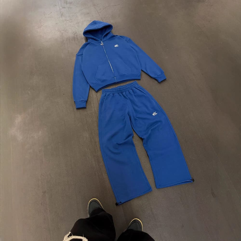 Unisex Vintage Embroidered Hoodie & Jogger Set – High Street Harajuku Style Cotton-Linen Lounge & Streetwear (Grey/Blue, S-Xxl)