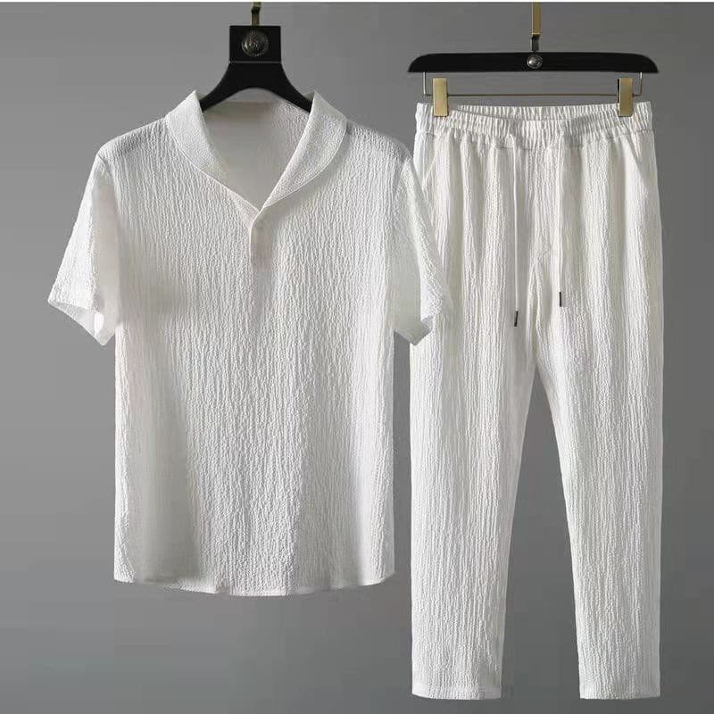 Men's Solid Color Casual Suit Thin Fashion Short-Sleeved T-Shirt Suit Trendy Light Luxury Pants