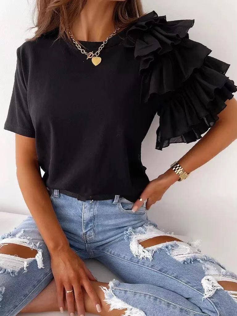 Women's Clothing simple fashion ruffled short-sleeved versatile round neck T-shirt