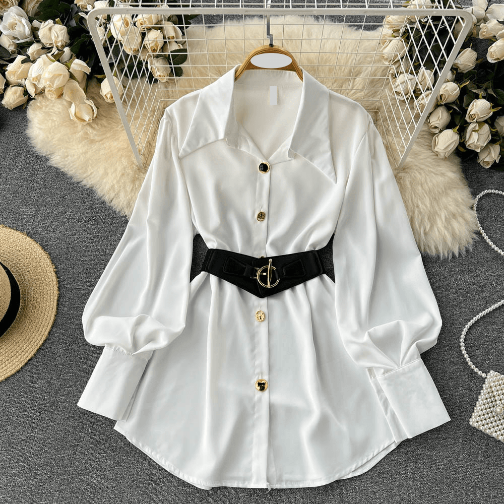 Women's Clothing Unique Petite Lace Up Waist Dress For Autumn Women's High End And Beautiful Temperament Long Sleeved White Shirt Dress