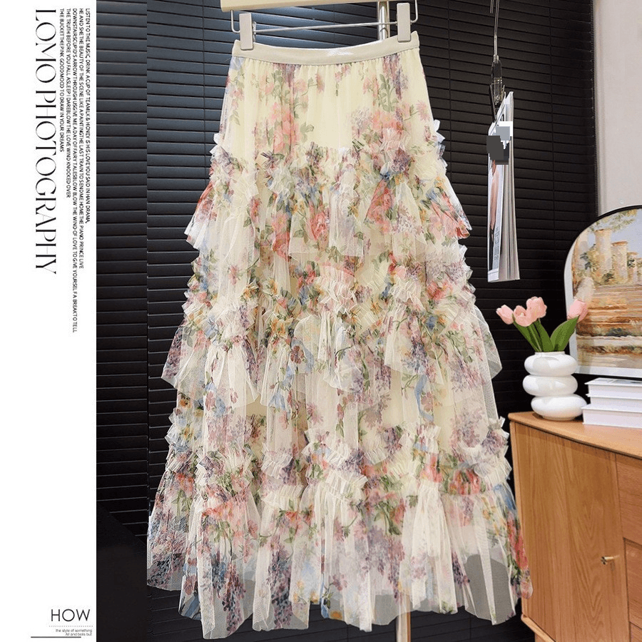 European And American Cross Border Heavy Stitching Printed Mesh Cake Skirt Skirt Female New Floral Puffy Long Skirt