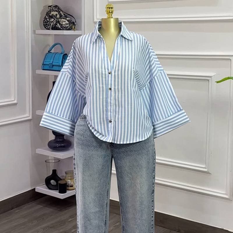 Women’s Fashion Striped Shirt – Oversized Lapel Design Short Sleeve Blouse For Summer
