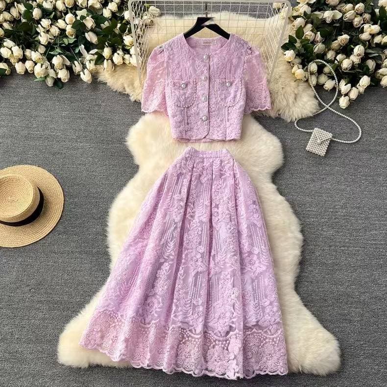 Women's Clothing High End Lady Style Suit For Women Lace Hook Flower Puff Sleeve Shirt Two Piece Suit High Waist Slim Skirt