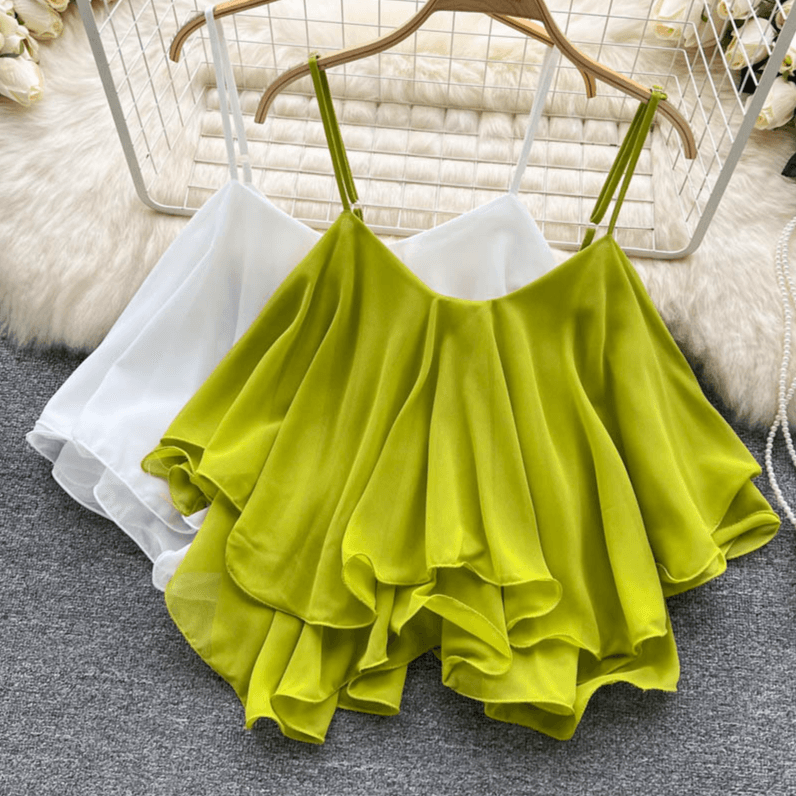 Women's Clothing Summer Blouse Versatile Loose Ruffled Off Shoulder Double Layer Sleeveless Chiffon Camisole For Women