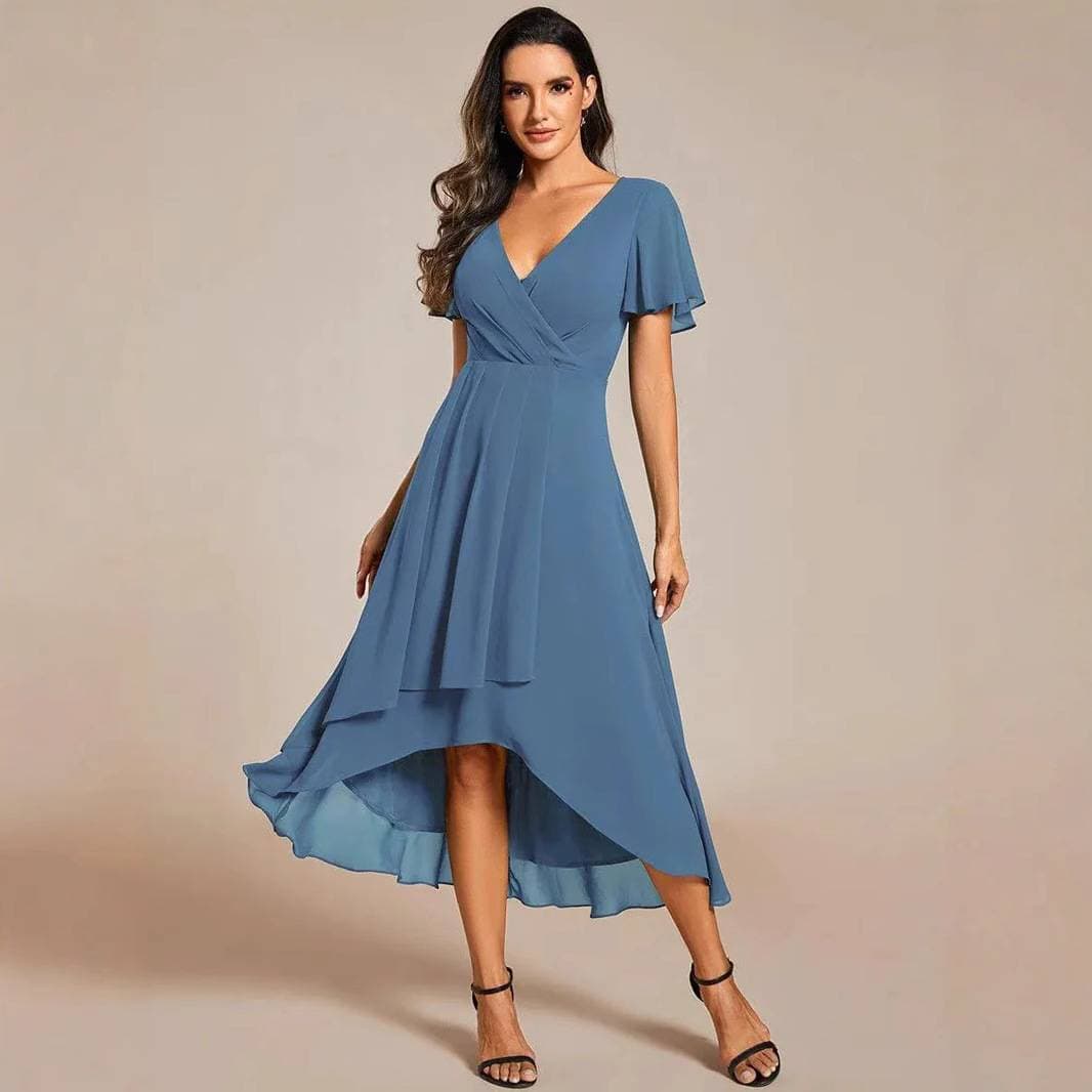 Women's Clothing Winter New Women's Fashion Short Sleeved V Neck Waist Temperament Casual Chiffon Dress