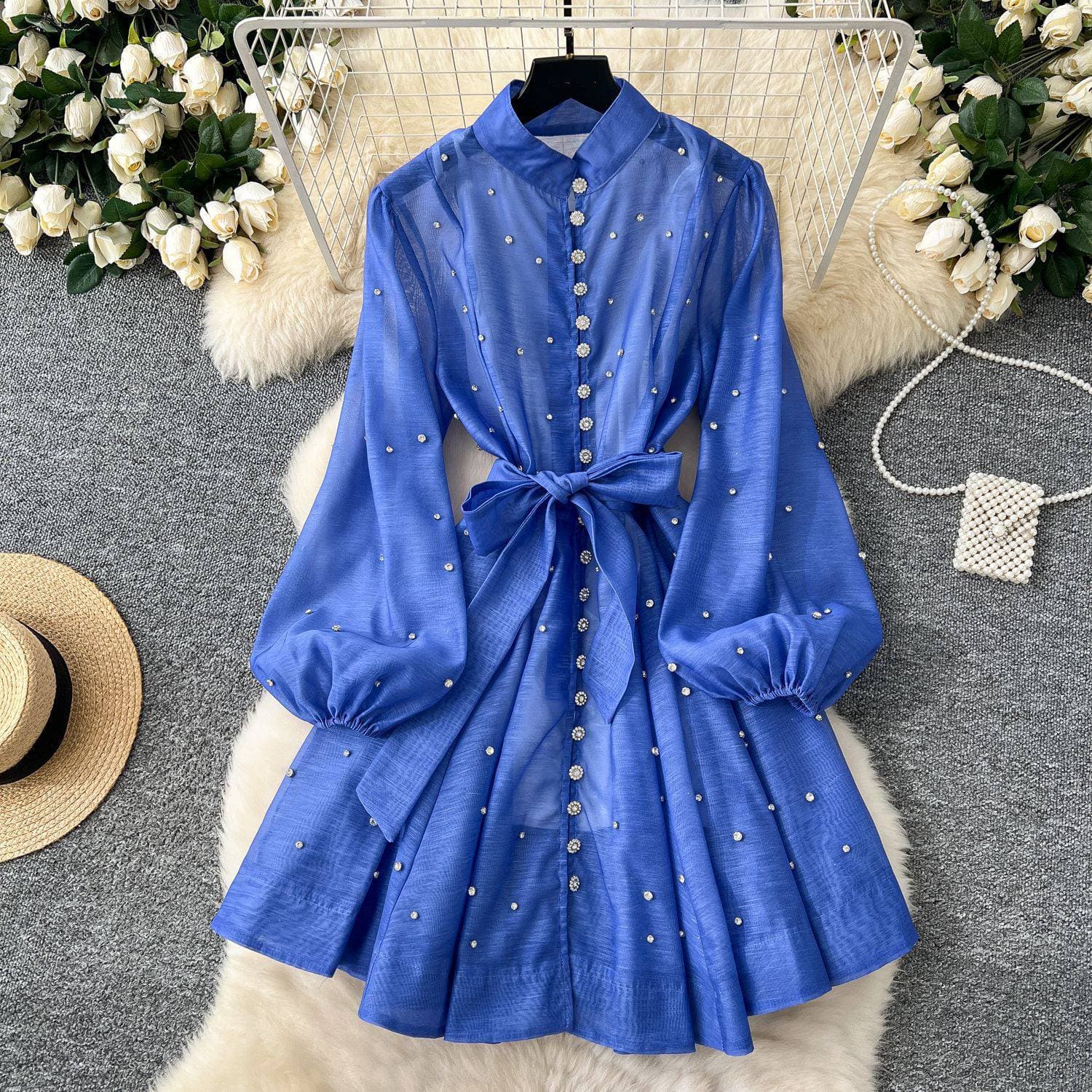 Women's Clothing Style Heavy Diamond Lantern Sleeve Tie Waist Single Breasted Dress Female Celebrity Elegant