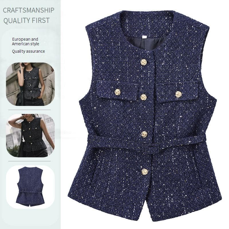 Women's Clothing New Spring And Autumn Women's Clothing Design With Belt Sequins Texture Vest Jacket
