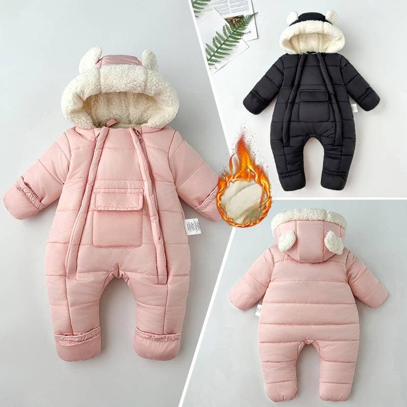 Winter Baby Jumpsuit With Fleece Lining – Double-Zipper Hooded Romper For Boys & Girls (66-100cm, Black/Pink/Light Blue)