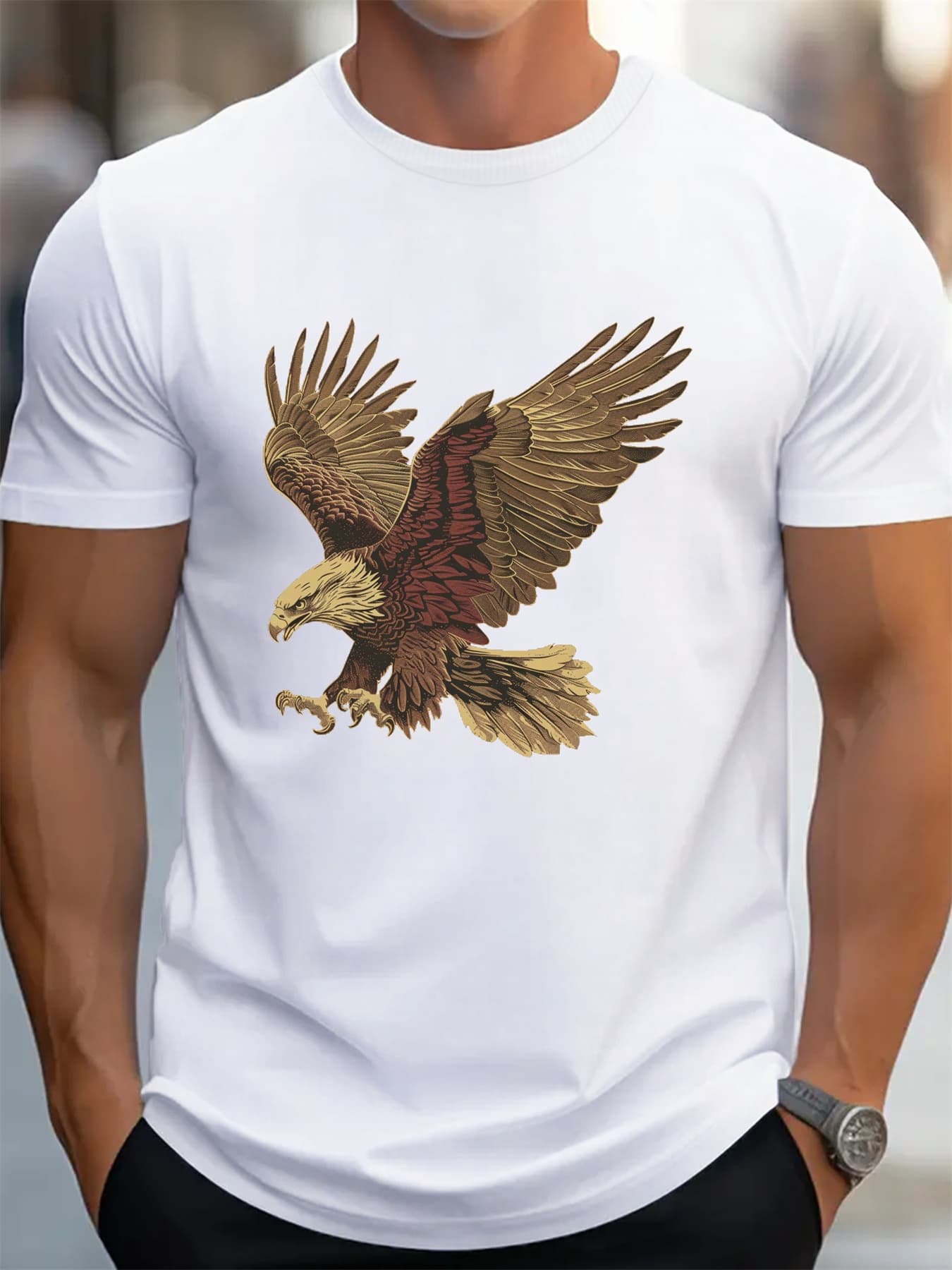 100% Pure Cotton Men's Summer Fashion Short Sleeved Eagle Print Casual Slim Fit Versatile T-shirt Top
