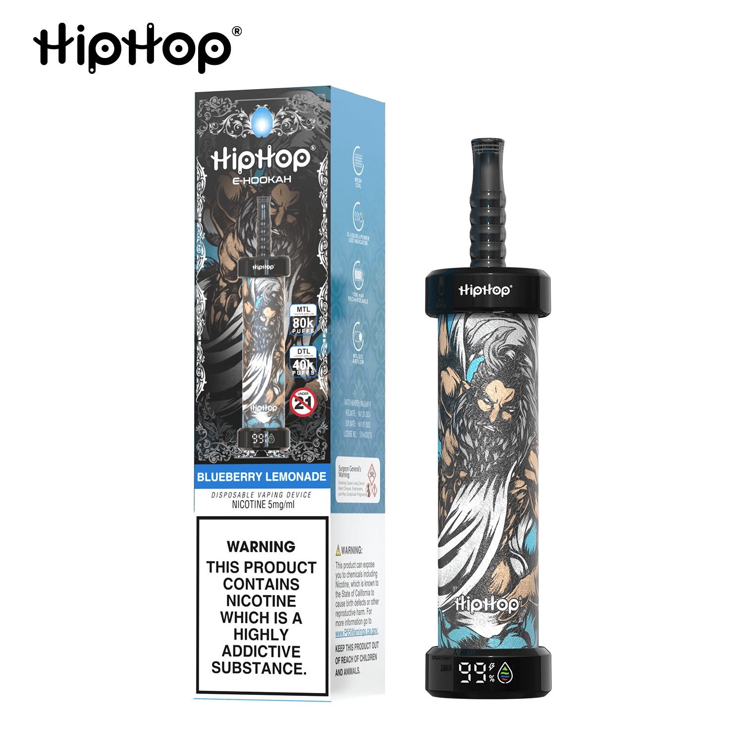 Cigarette électronique jetable HipHop rechargeable, jusqu'à 80 000 bouffées