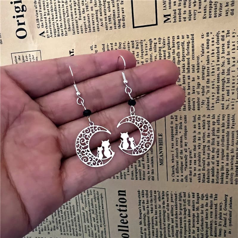 Earrings silver moon kitten pendant moon cat earrings women's simple hollow crescent personality temperament earrings