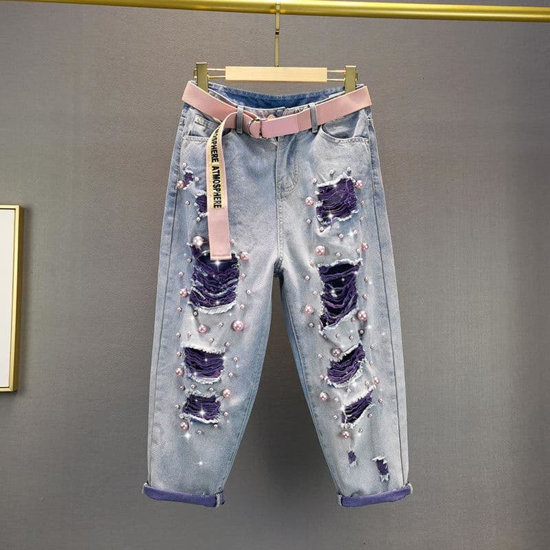 Women's Clothing Loose High Waist Slimming Heavy Industry Pearl Ripped Beggar Jeans Women's Trendy Pants(Belt Not Included)