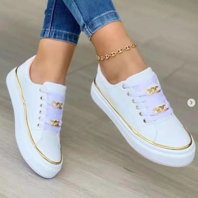Women's Large Size Sports Style Shoes With Chain Detail Thick Bottom Flat Casual Lace-Up Footwear Round Toe Mesh Upper