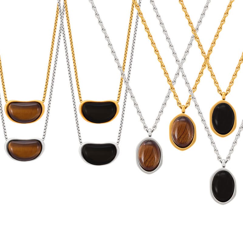 Maillard Style Geometric Inlaid Tiger Eye Stone Design Pendant Necklace Temperament Light Luxury Personality Versatile Titanium Steel Jewelry