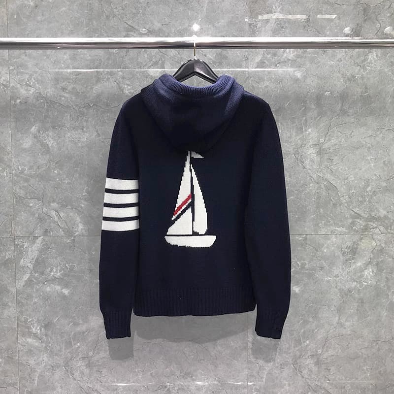 Spring And Autumn Hooded Zipper Cardigan Sweater Unisex Youth Back Sailboat Four Stripes Sweatshirt Trendy Brand Couple