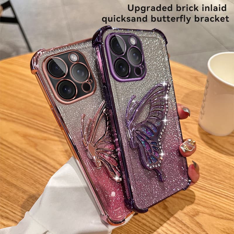 Quicksand Butterfly Bracket Case For iPhone 13 14 15 12 SE 2022 11 Pro Max Corners Protect Bump Cover