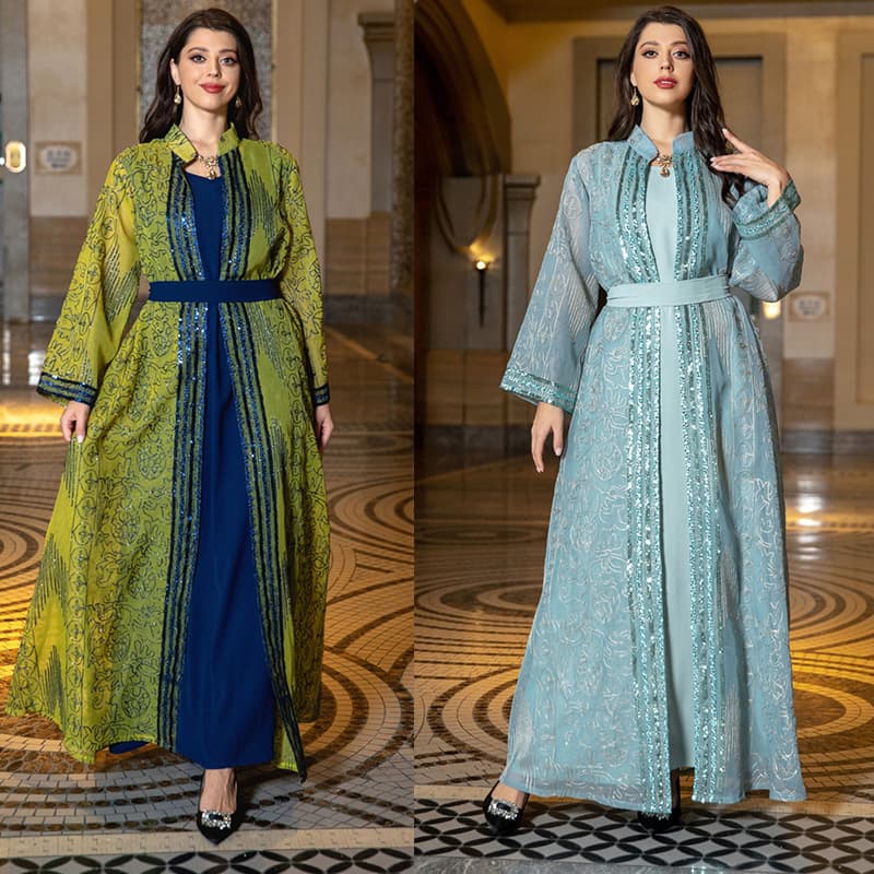 Women's Clothing Middle Eastern Muslim Robe Two Piece Set With Belt Dubai Dress Elegant Cardigan Long Skirt