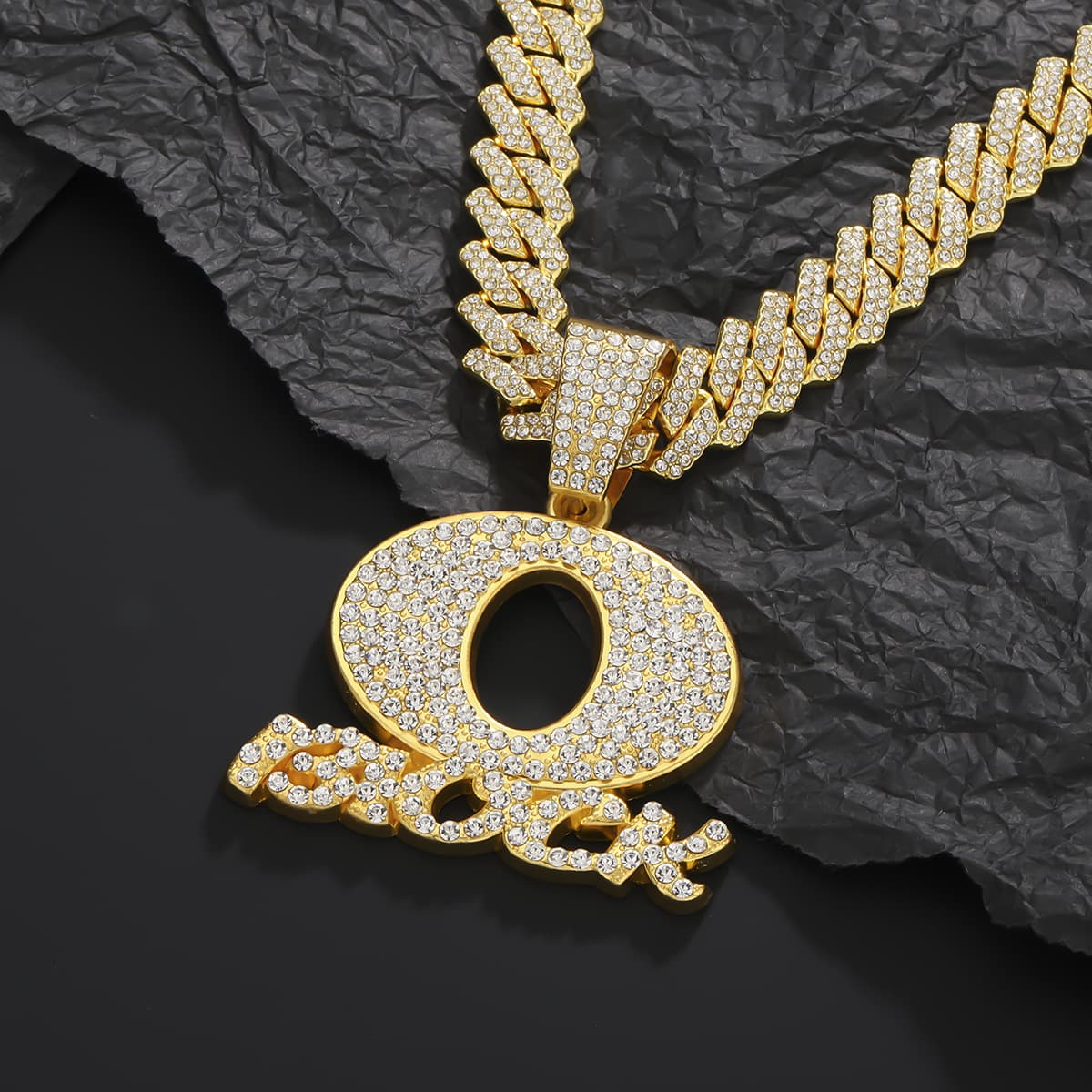 Men's Personalized Hip Hop Style OBLOCK Letter Pendant Necklace Set With Diamond Cuban Chain Trendy Neck Chain