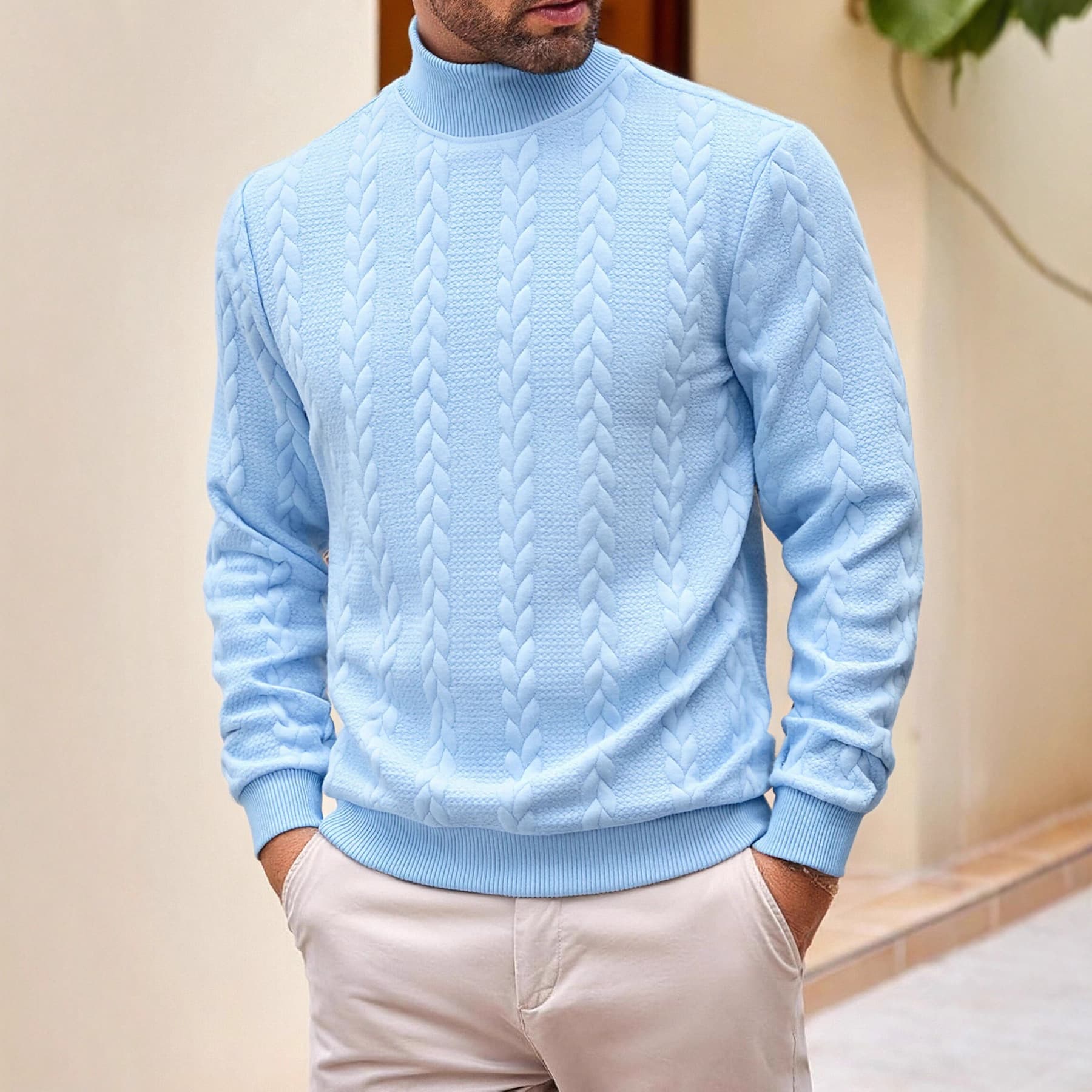 Men's Chunky Knit Sweater - High Neck Cable Knit Pullover For Autumn & Winter (White/Light Grey/Black/Light Blue/Orange/Khaki)