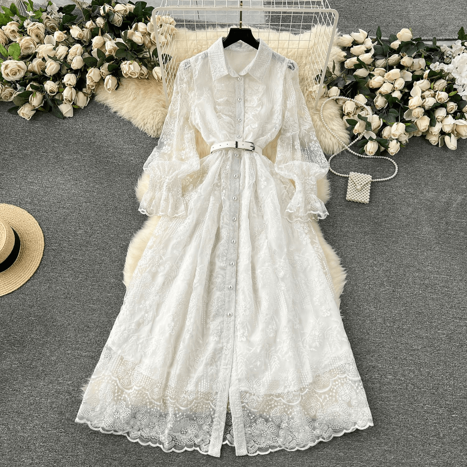 French Retro Palace Style Dress With Heavy Embroidery And Ruffles, Slim Fit Long Lace Dress, High-end Exquisite Dress