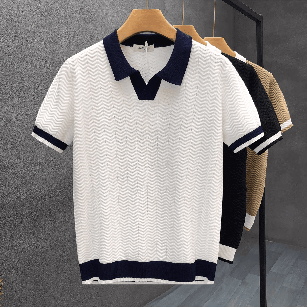 Men's Clothing Breathable Color Matching Light Mature Trendy Shirt Lapel Elastic Jacquard Texture Slim Short Sleeve Knit Tops