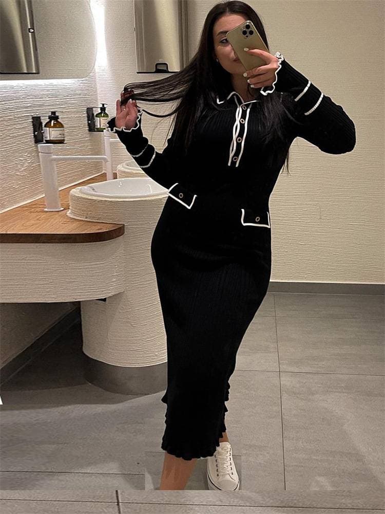 Women's Clothing Light Luxury Ruffled Knitted Dress Sweater Dress Lapel Tight Midi Skirt