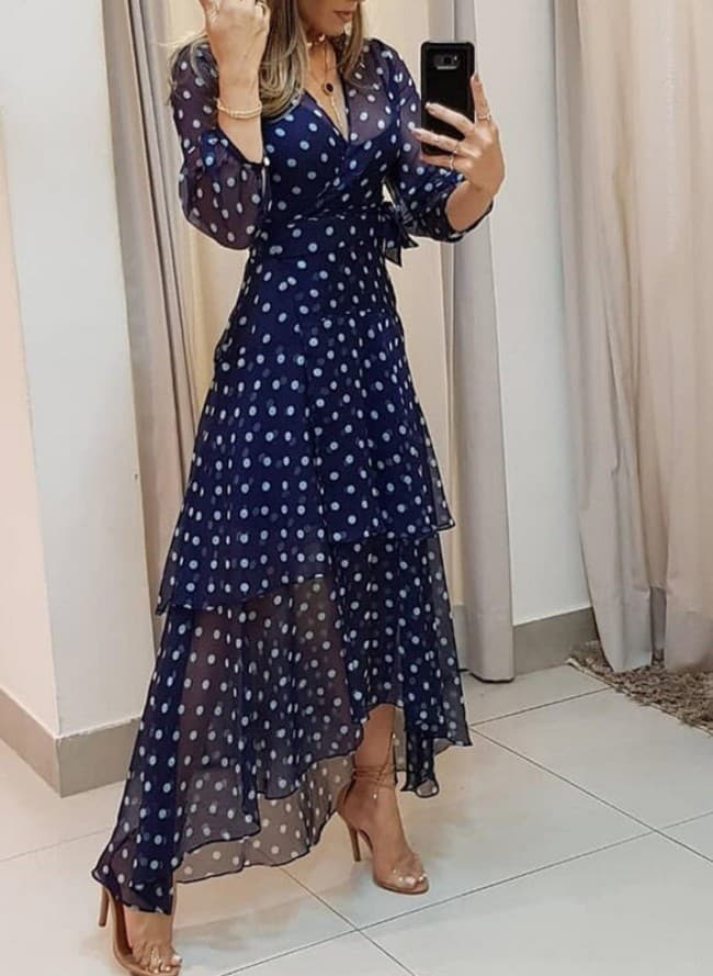 Women's Clothing Polka dot irregular print V-neck long dress woman